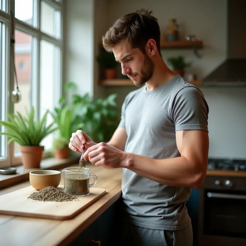 Tasse de thé fumante avec des feuilles d'herbes à côté, symbole de santé.