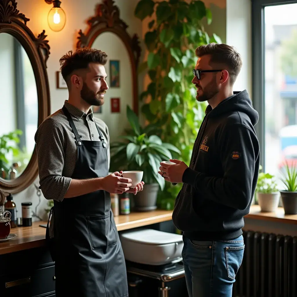 Un groupe d'hommes discutant autour d'une table avec des tasses de thé.